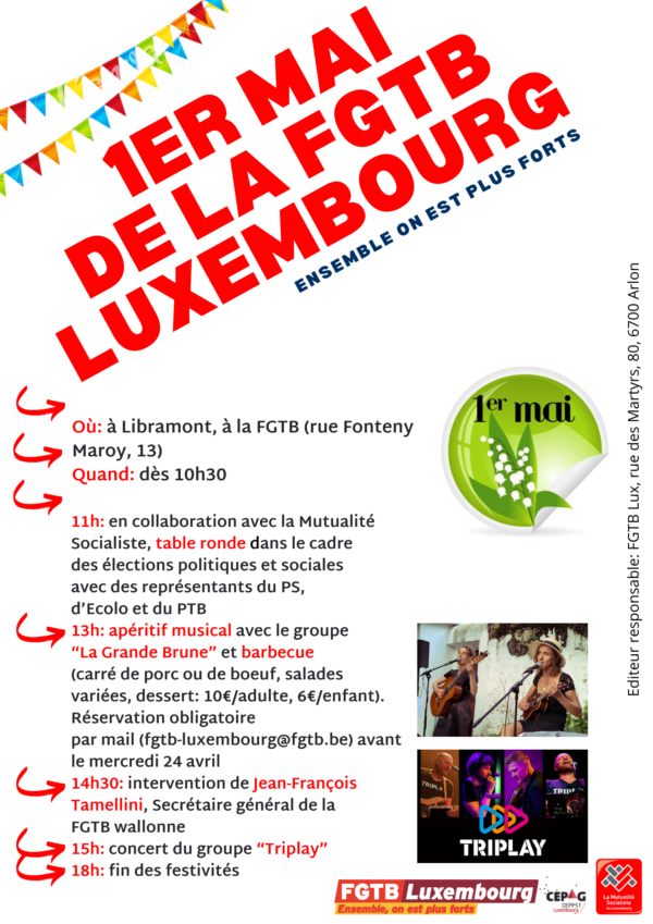 Affiche pour la fête du 1er mai de la FGTB Luxembourg avec le programme repris dans le communiqué